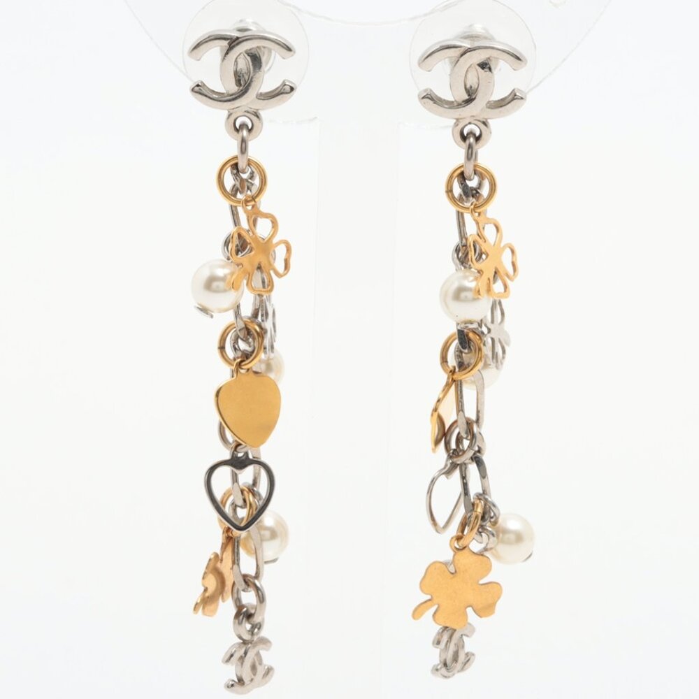 #101 - Authentic Chanel Coco Mark Silver Dangle Piercing Earrings Costume Pearl